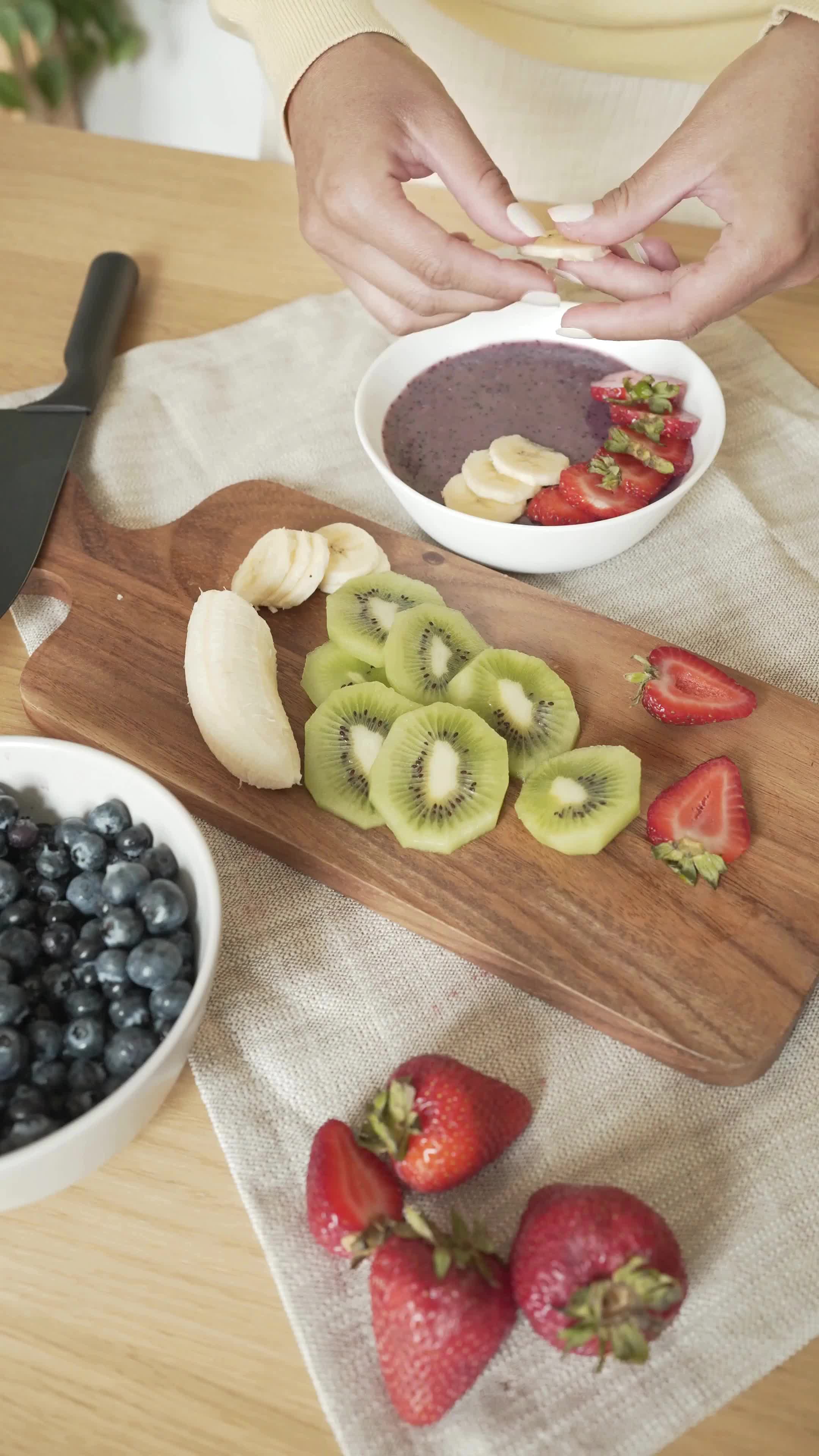 This may contain: there is a wooden cutting board with fruit on it and the words healthy lifestyle to learn no 5