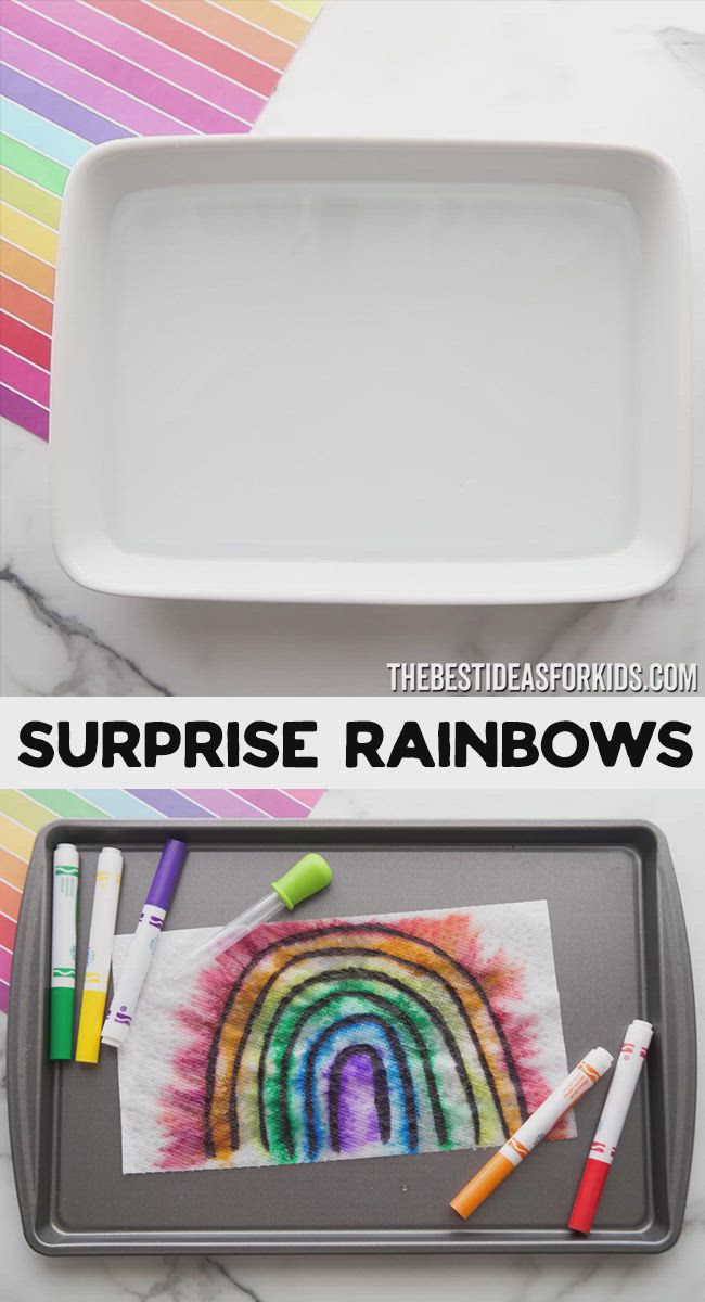 This may contain: a tray that has some crayons on it and the words surprise rainbows