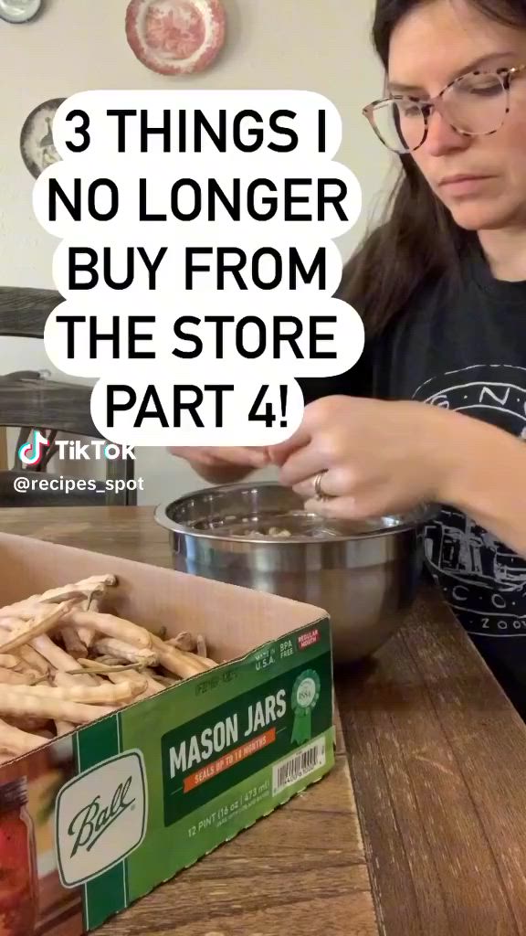 This may contain: a woman mixing food in a bowl on top of a wooden table with text overlay that reads 3 things i no longer buy from the store part 4