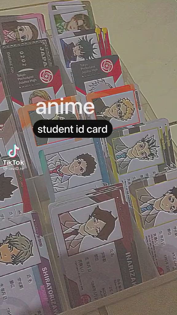 This may contain: several cards are stacked on top of each other with the words anime student id card