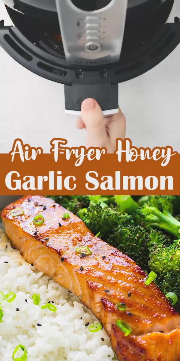 This may contain: air fryer honey garlic salmon with broccoli and white rice on the side