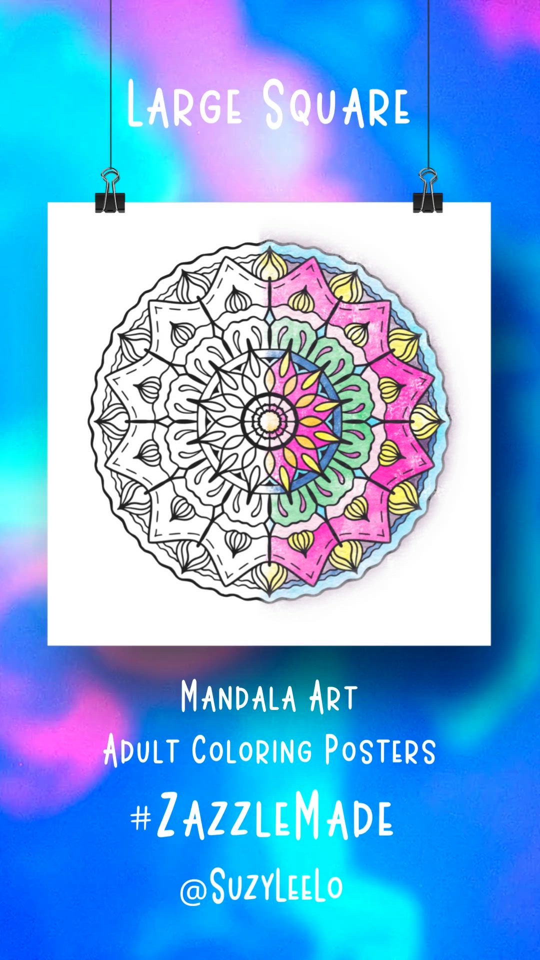 This contains: Color this Large Square Mandala Art Adult Coloring Poster for your psychedelic room decoration! Super fun Adult Coloring Poster design from Suzy LeeLo. Pick from several mandala art designs in my Adult Coloring Posters collection.