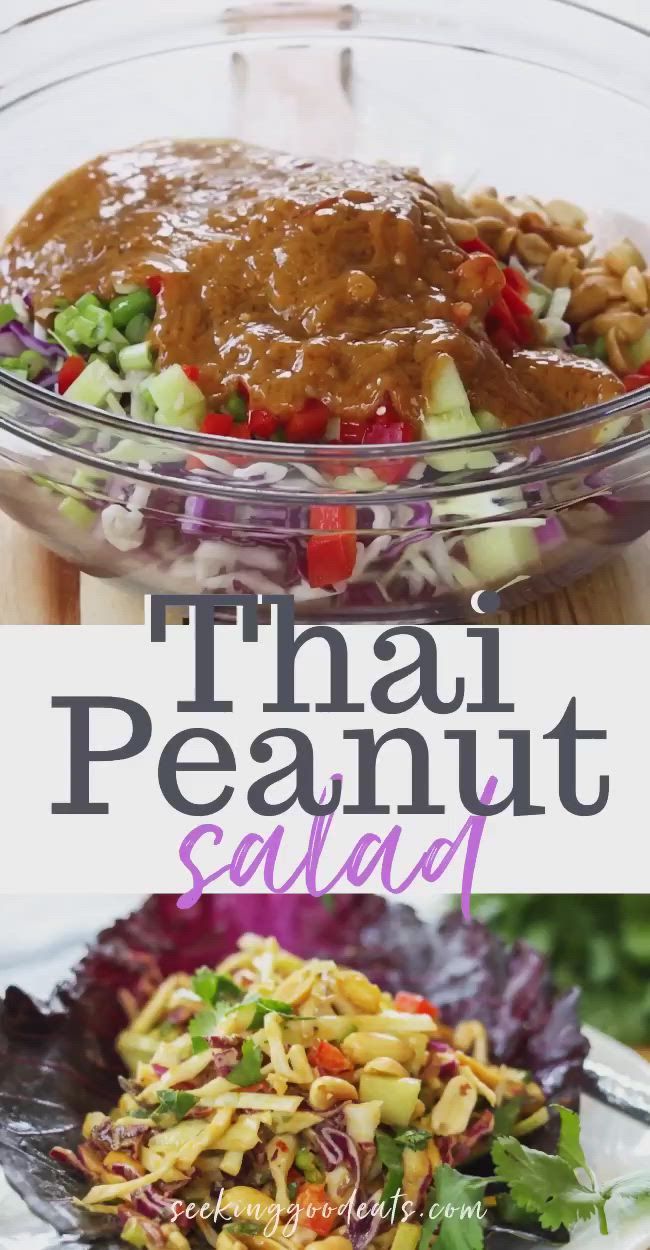 This may contain: this thai peanut salad is loaded with lots of healthy ingredients and it's ready to be eaten