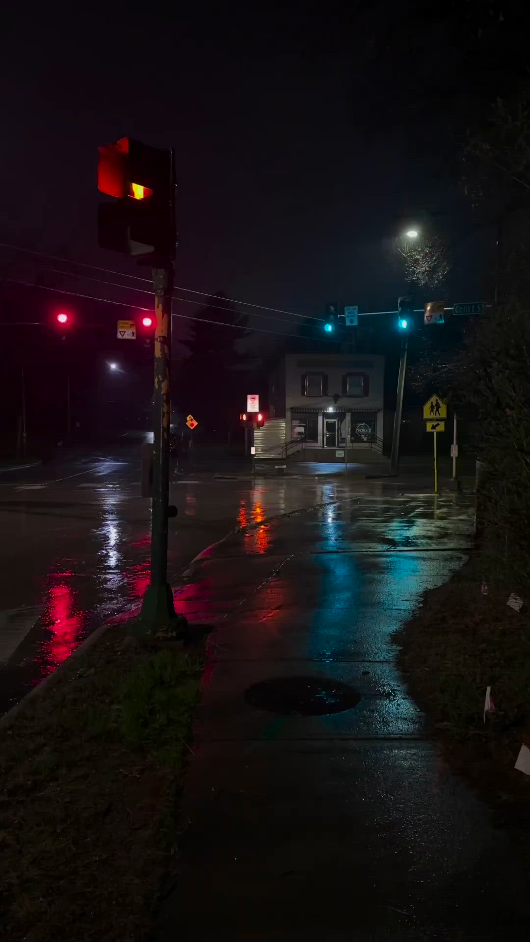 This may contain: a wet street at night with traffic lights on and no one in the area to cross