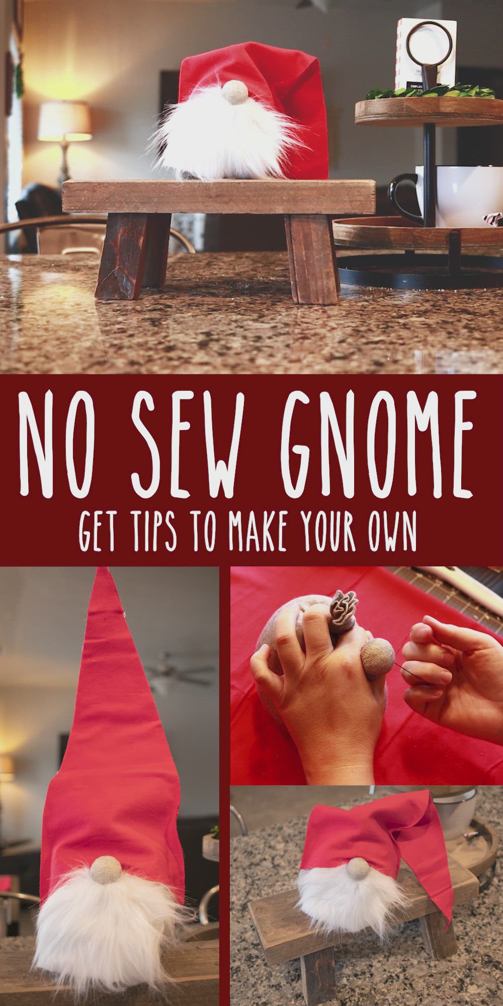 This may contain: a collage of photos showing how to sew gnomes hats for the holiday season