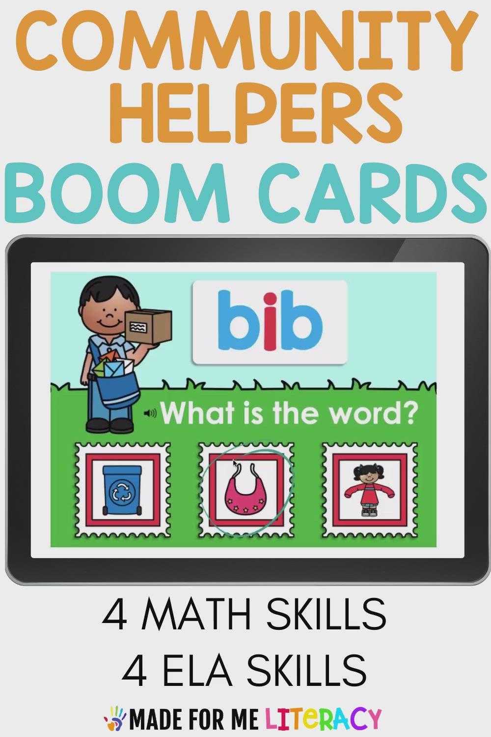 This may contain: a book cover with the words, community helpers boom cards and an image of a boy