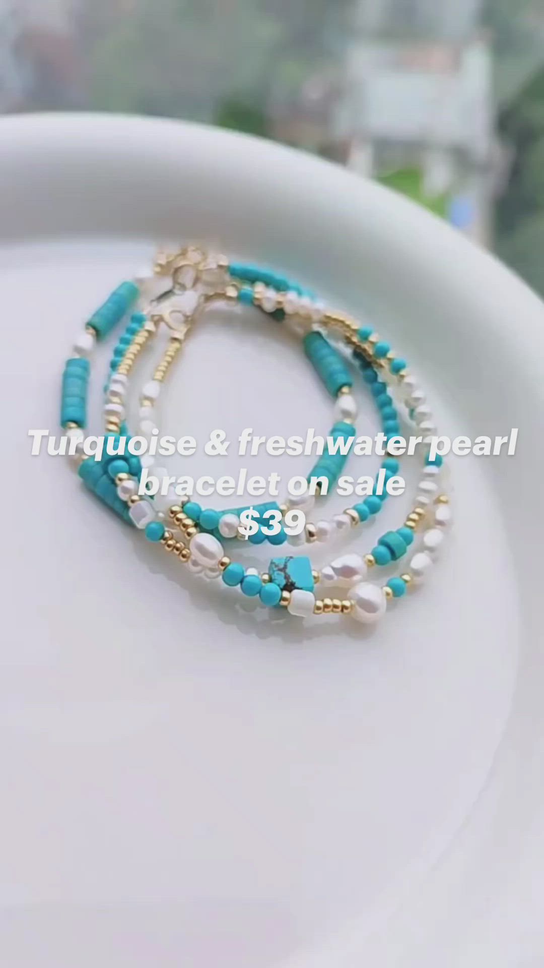 This contains an image of: Turquoise & freshwater pearl bracelet/pearl jewelry/turquoise jewelry/diy pearl bracelet