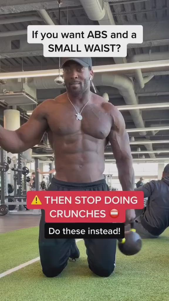 This may contain: a man standing in a gym with his hands on his hips and the words, if you want abs and a small waist? then stop doing crunches do these instead