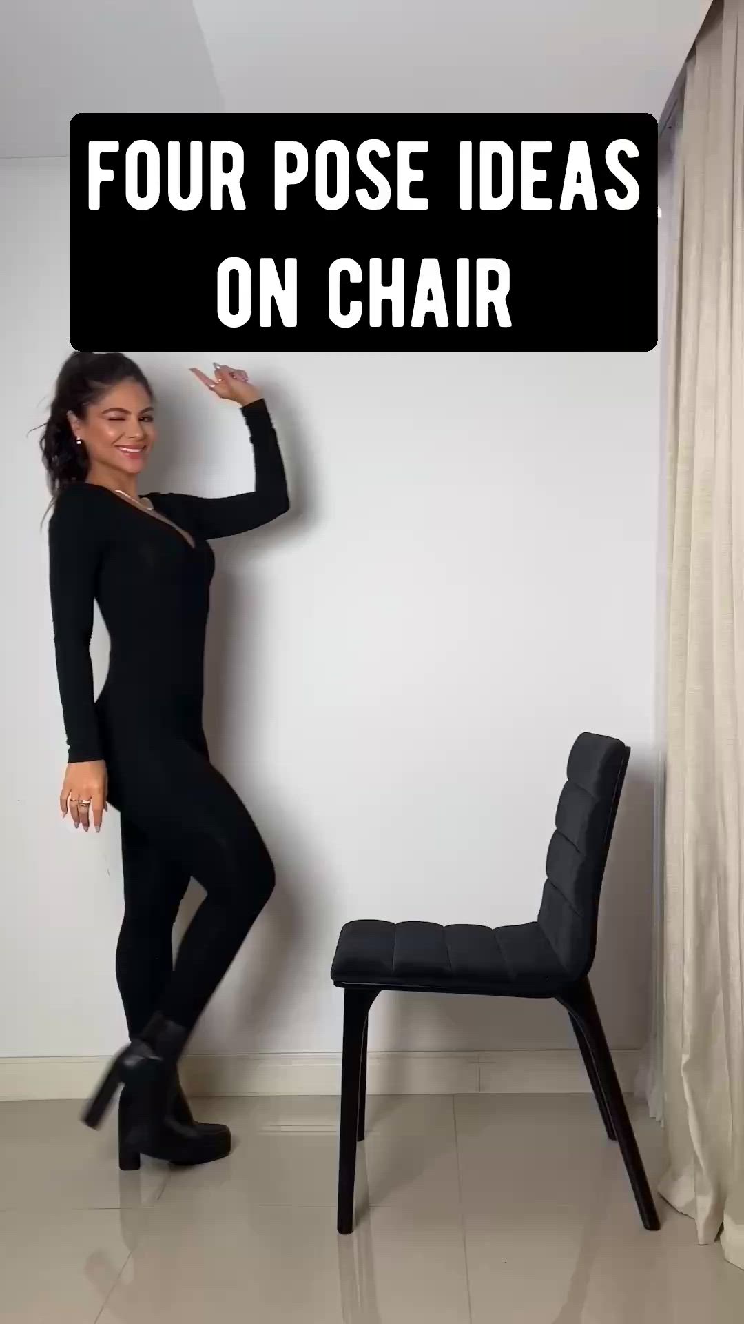 This may contain: a woman standing in front of a chair with the caption four pose ideas on chair