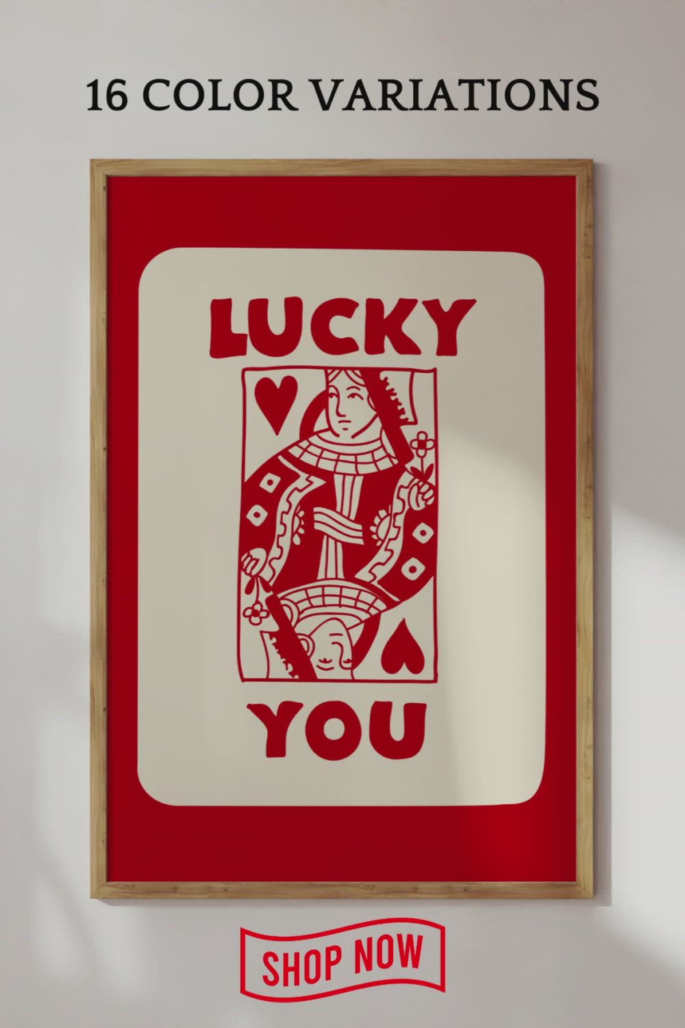 This may contain: a red and white poster with the words lucky you on it in front of a wall