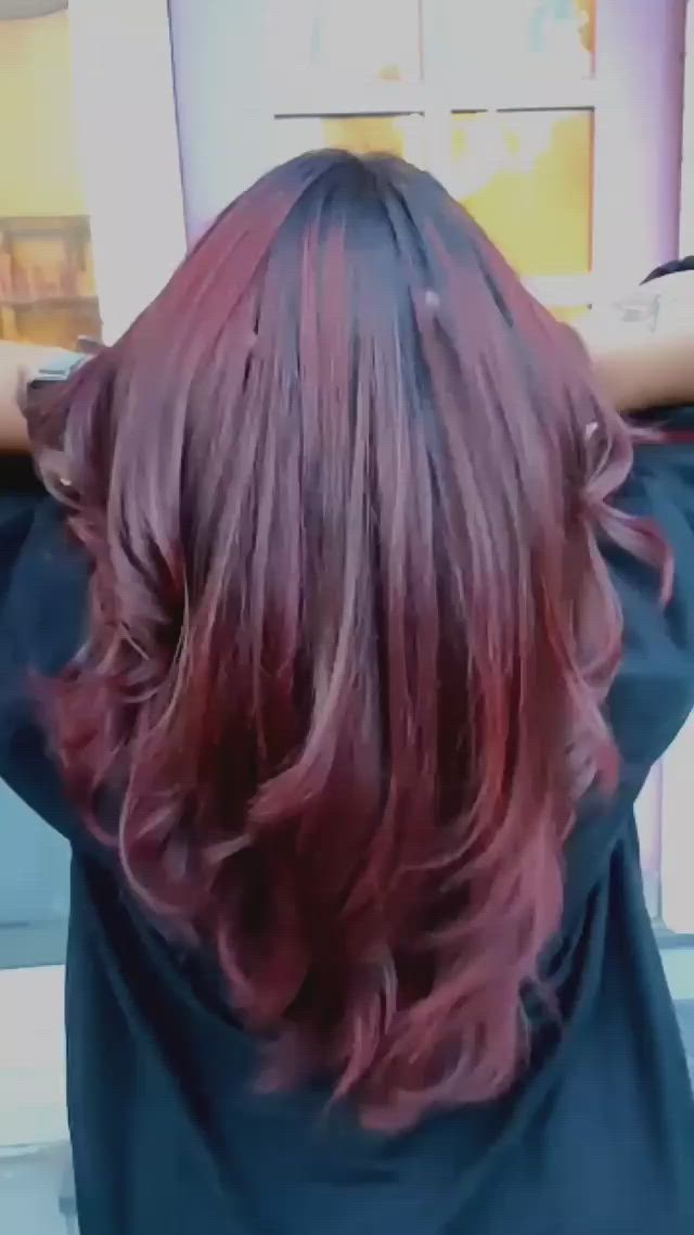 This contains an image of: Cherry 🍒 Red color and layered hair