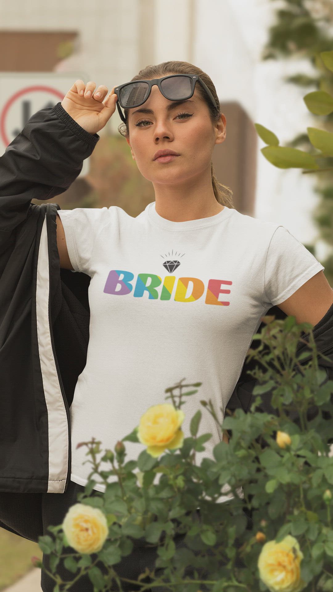 This may contain: a woman wearing sunglasses and a t - shirt with the words bride are you ready for you best party ever?