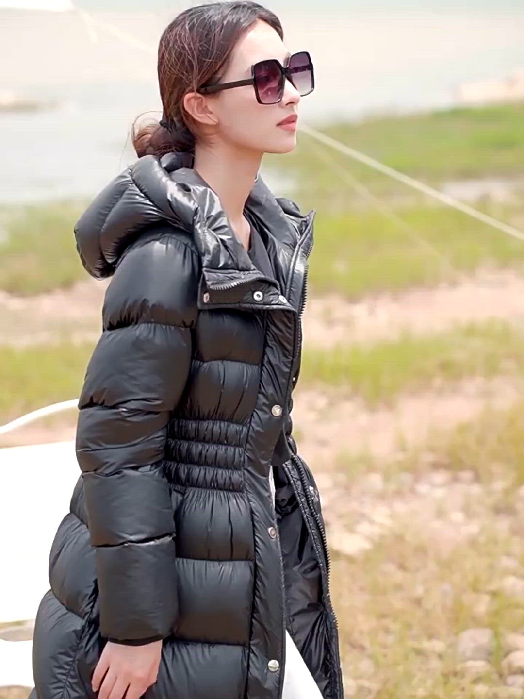 This contains: Womens Hooded Long Down Puffer Coat for Women