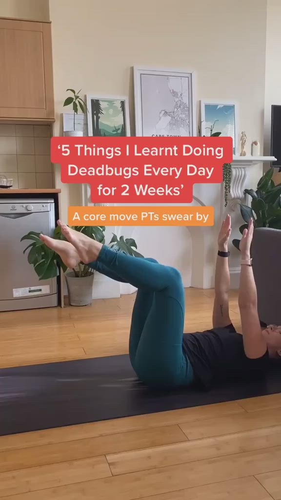 This may contain: a woman on a yoga mat with the title 5 things i learn doing deadbugs every day for 2 weeks