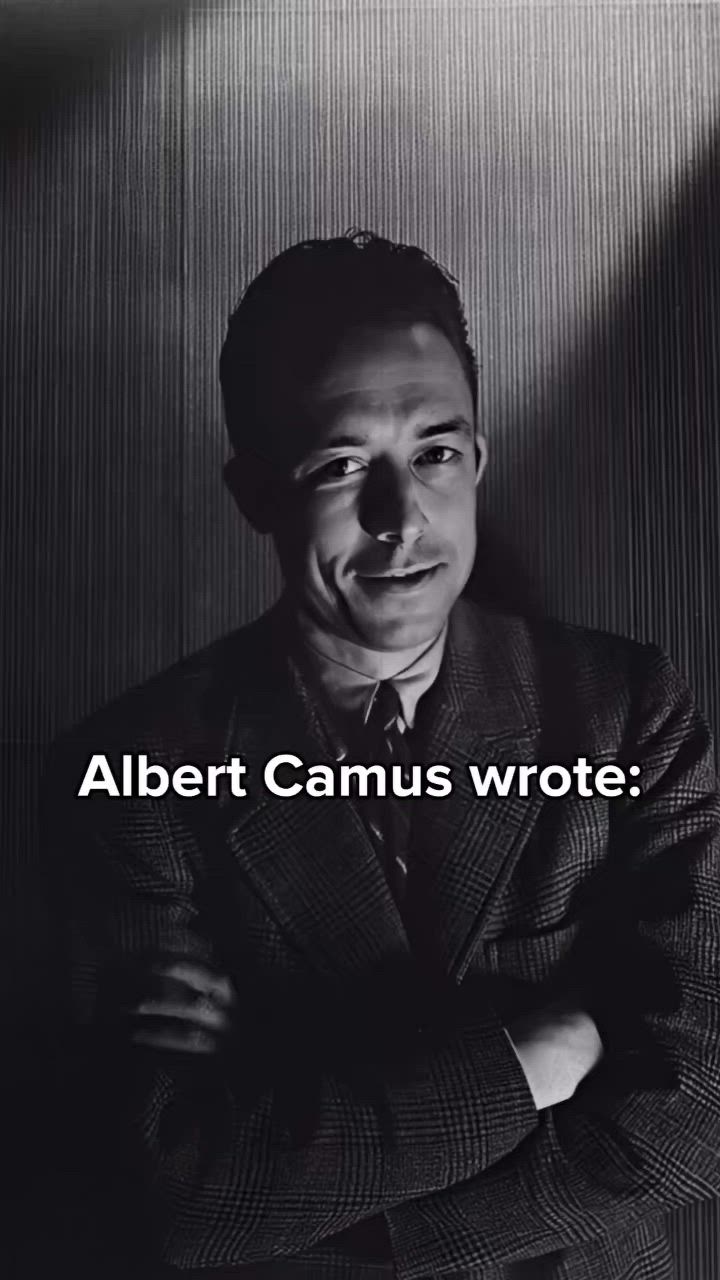 This may contain: a black and white photo of a man in a suit with the words albert camus wrote