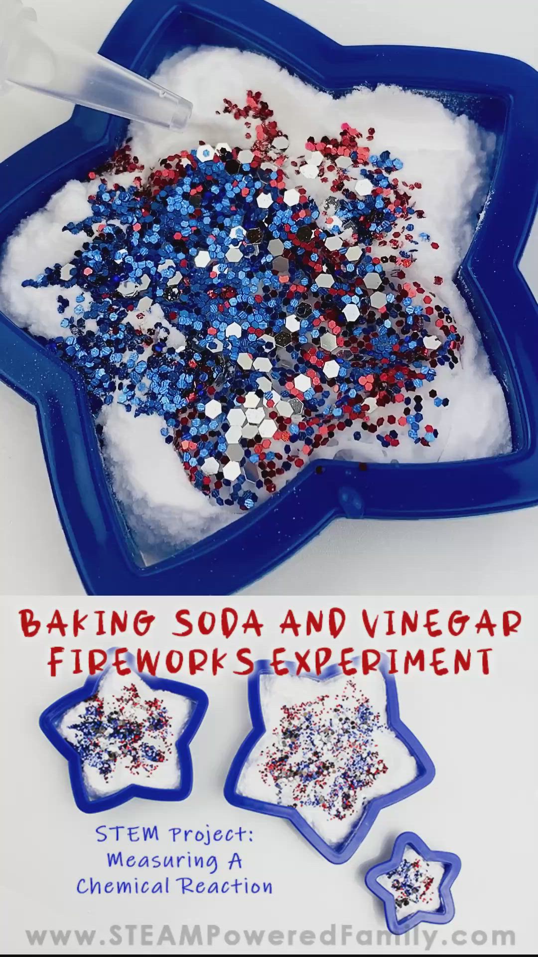 This may contain: baking soda and vinegar soap firework experiment for kids to make with star shaped cookie cutters