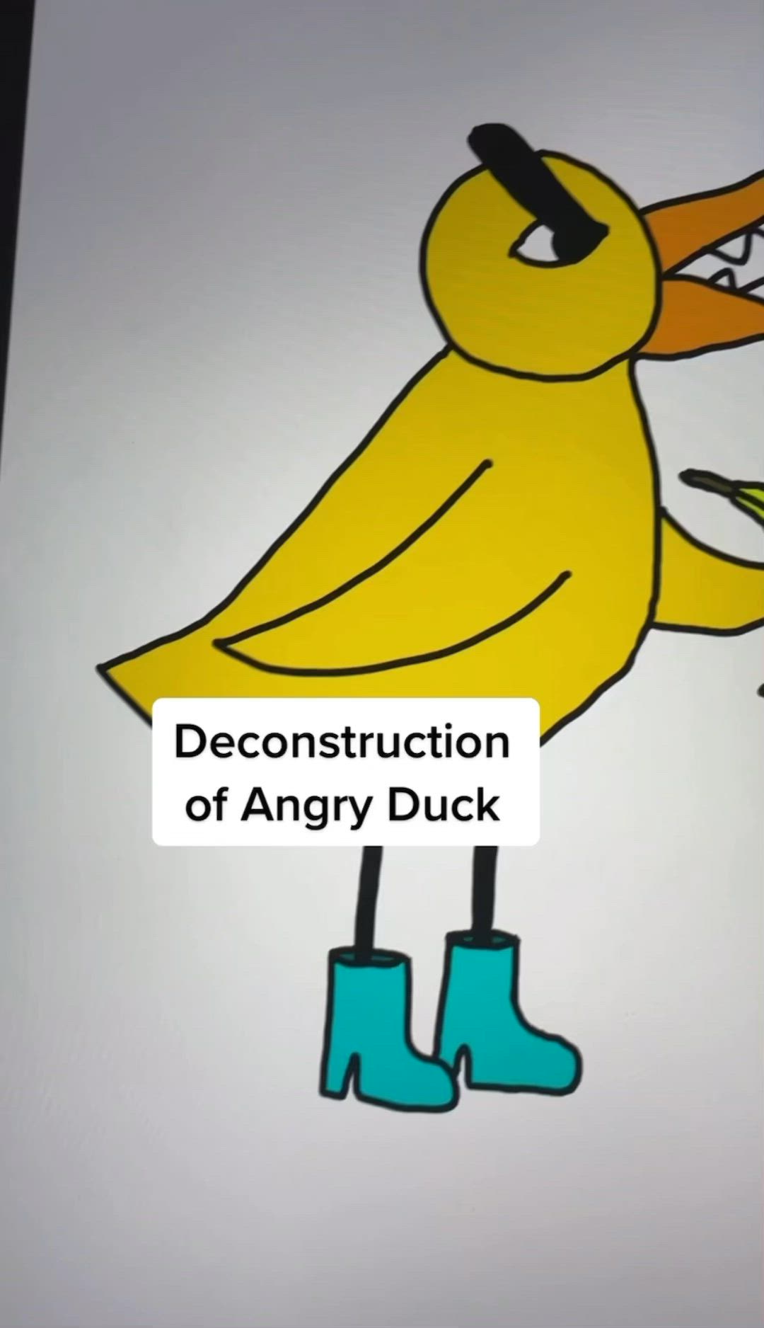 This may contain: an image of a duck with boots on it's feet and the words deconstruction of angry duck