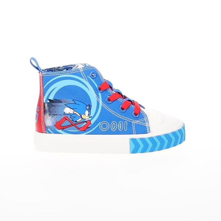 Check out these Sonic high tops! These boys' high tops have blue and white canvas, gel prints of Sonic the Hedgehog, and a blue raised toe bumper!Click this FOOTWEAR GUIDE to find the perfect fit and more! DETAILS Canvas upper Pebbled PU lining Canvas midsole Canvas outsole Round toe Lace-up Closure Polyurethane footbed Treaded outsole Platform height: 1 in. Spot clean Imported Size: 13. Gender: male. Age Group: kids.