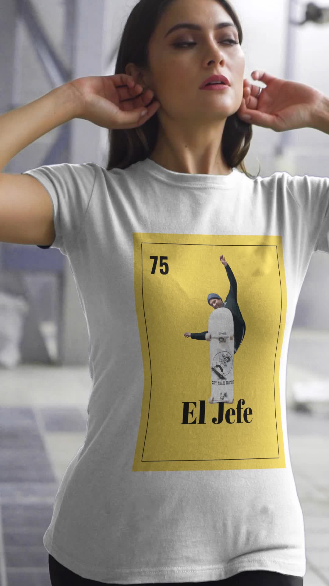 This may contain: a woman wearing a t - shirt with an el jele advertisement on it