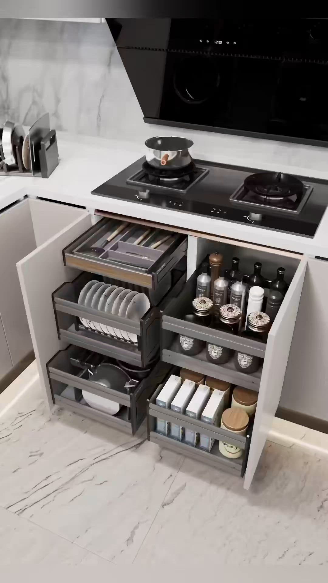 This may contain: a stove top oven sitting inside of a kitchen next to a counter with lots of drawers