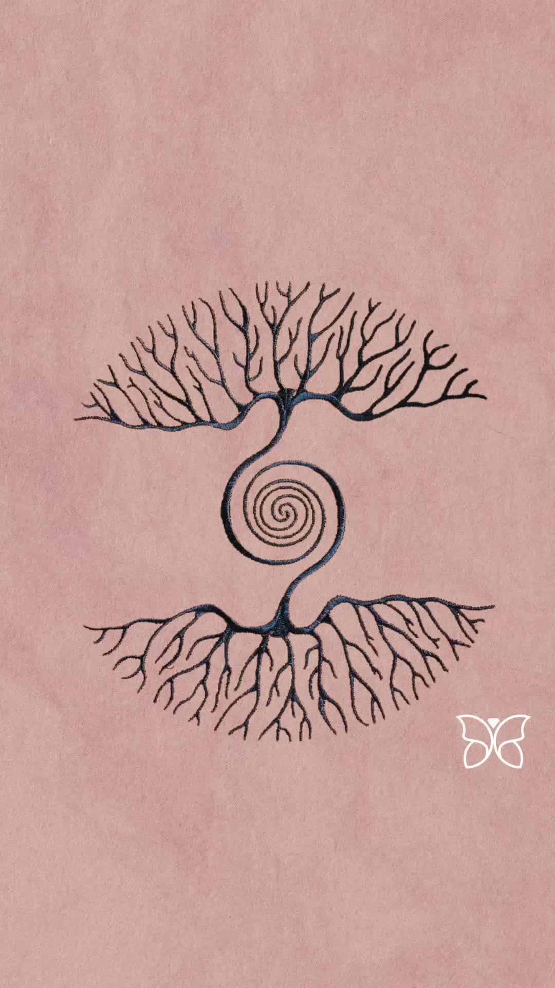 This may contain: a drawing of two trees with swirls and spirals in the middle on a pink background