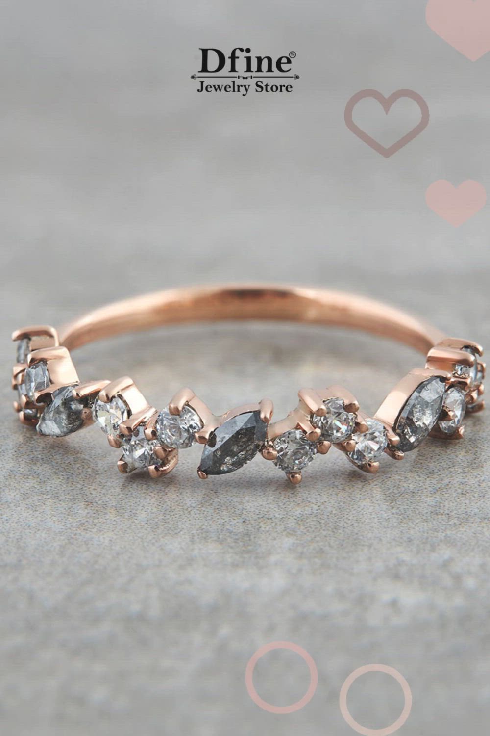 This contains: Rose gold wedding band, salt and pepper diamond wedding band, grey diamond ring, half eternity ring band, wedding ring, rose gold engagement ring band, till eternity promise band