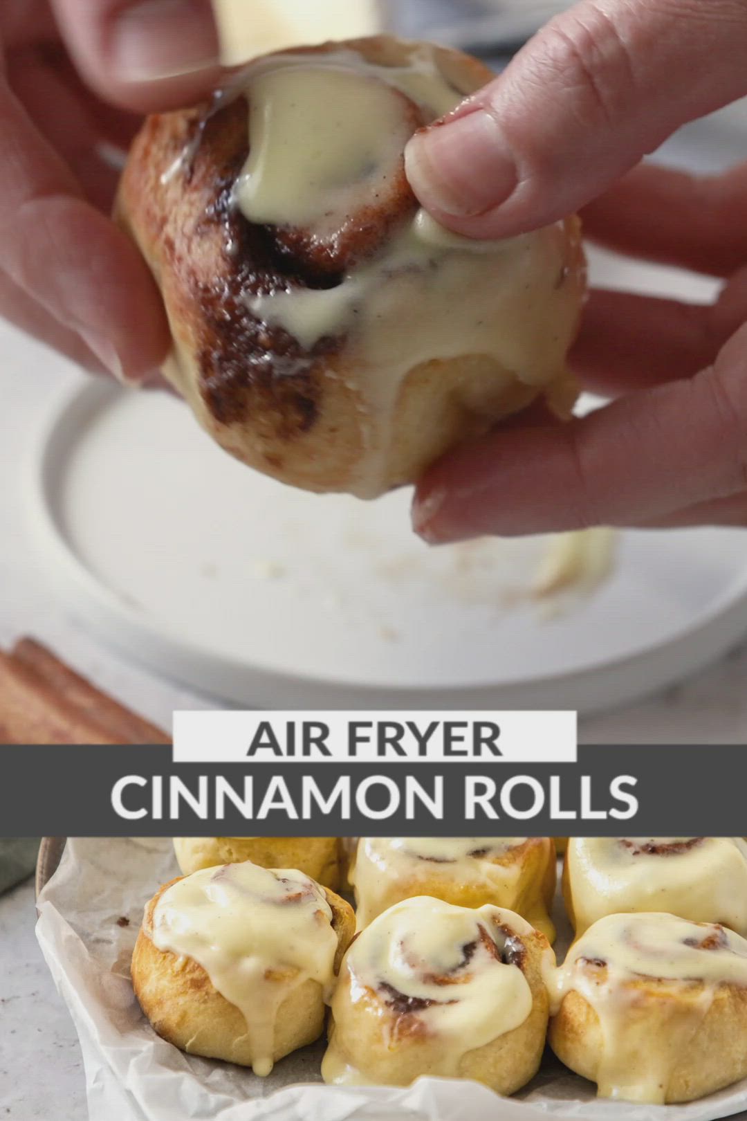 This may contain: a person holding up a cinnamon roll with icing on it and the words air fryer cinnamon rolls