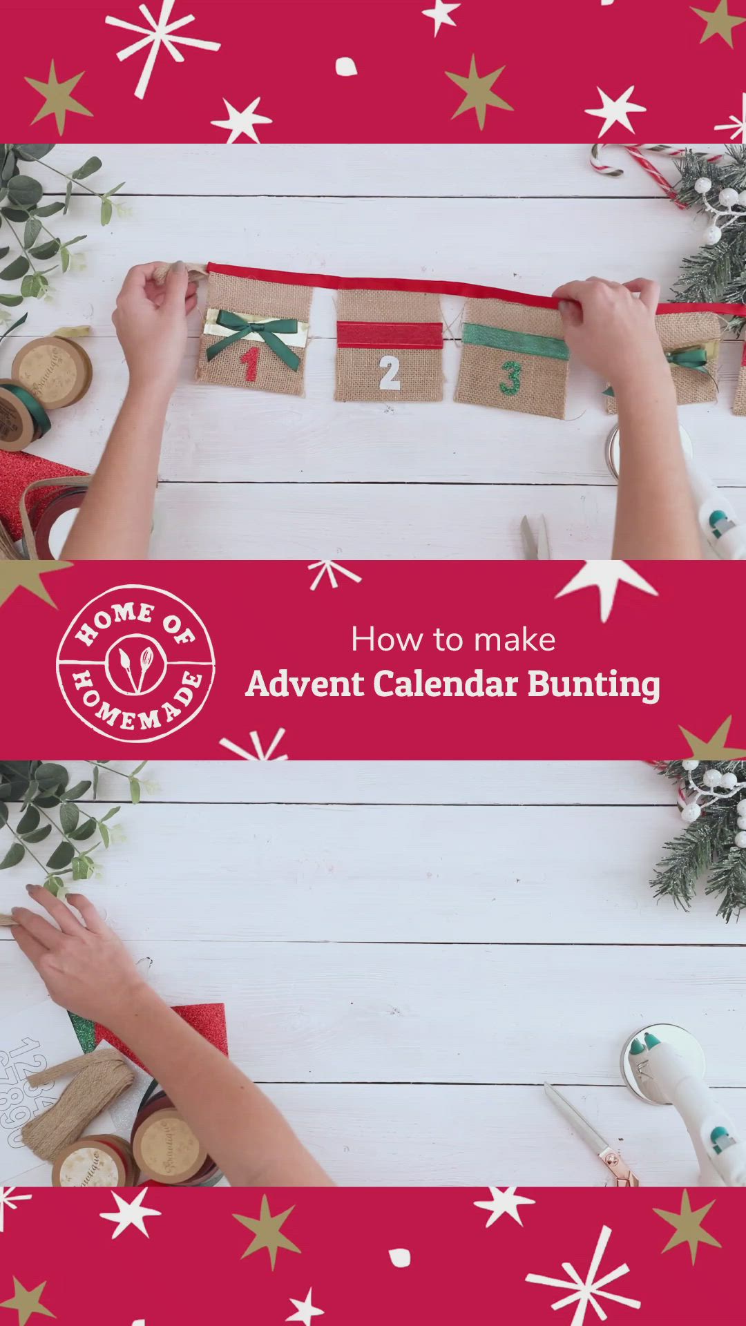 This may contain: someone is making christmas decorations out of fabric and cardboard with the words how to make advent calendar bunting