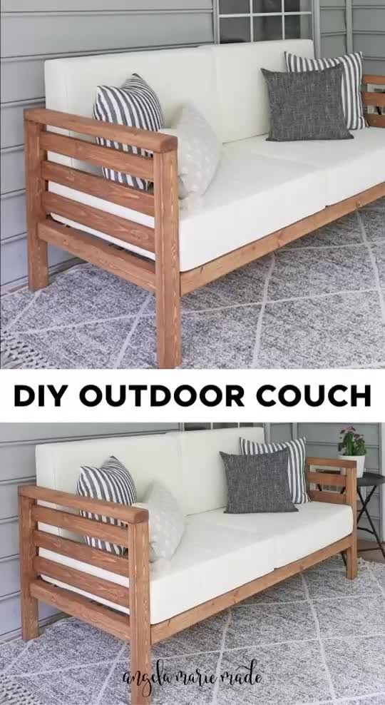 This may contain: an outdoor couch made out of wood and white cushions with text overlay that says diy outdoor couch