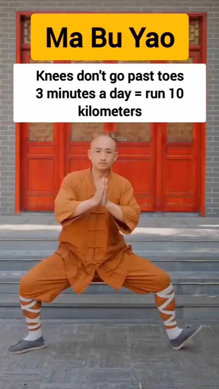 This may contain: a man in an orange outfit is doing yoga with the words ma bu yao above him