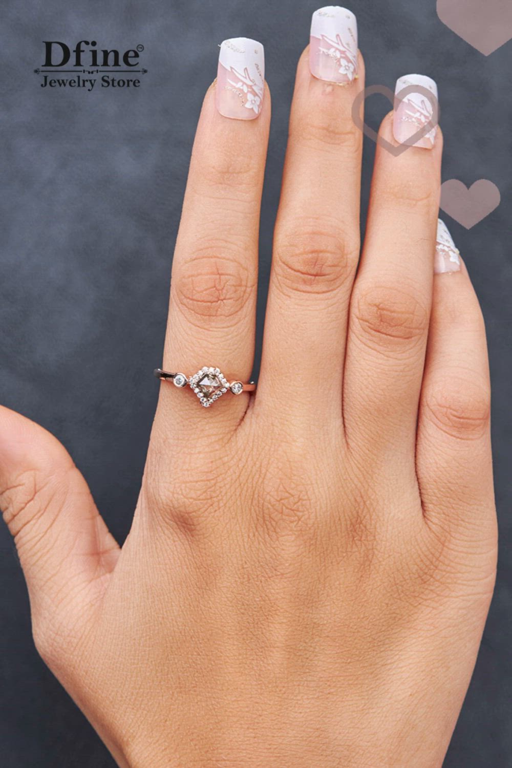 This contains: Diamond Rings for Women, Diamond Engagement Rings, Solid 14k Rose Gold, Grey Galaxy Salt and Pepper Natural Diamond Wedding Ring, Anniversary Ring, Gift for Her, Promise Ring for Her, Women's Jewelry Handmade