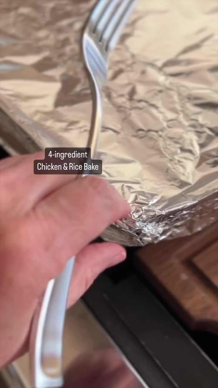 This may contain: four ingredient chicken and rice bake is shown in this image with the words, 4 ingredients