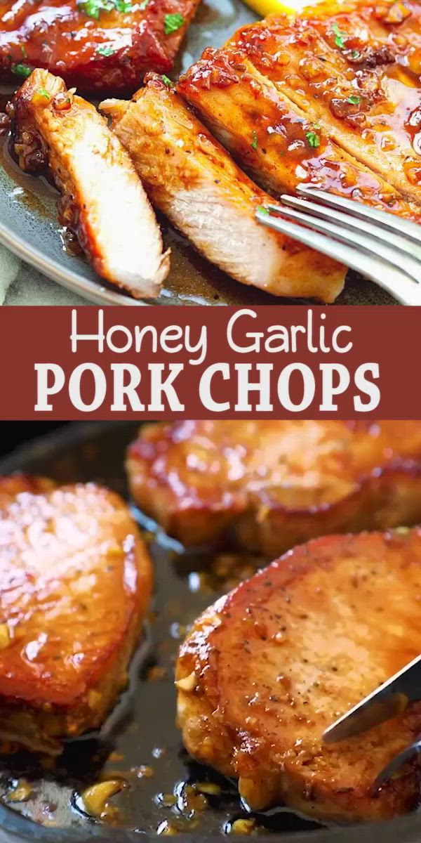 This may contain: honey garlic pork chops in a skillet with the words honey garlic pork chops