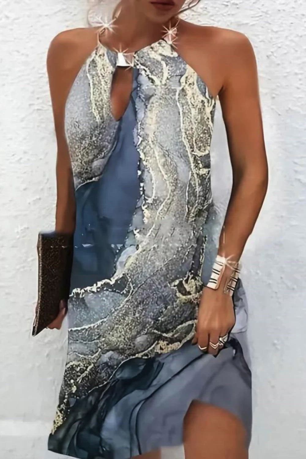 Gold Marble Print Ocean Wave Halter Neck Dress, Elegant Beach Sleeveless Loose Vacation Dress