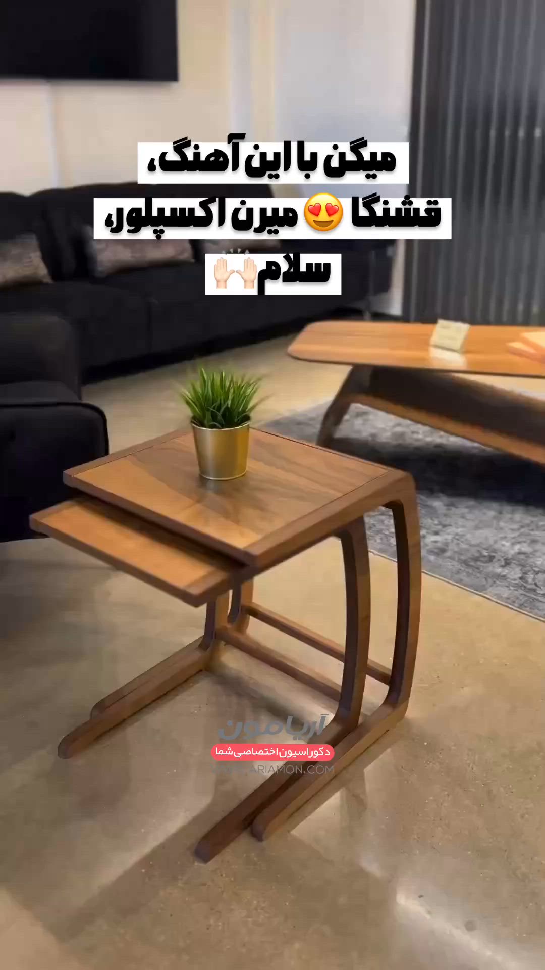 This may contain: a wooden table with a potted plant on it in front of a black couch