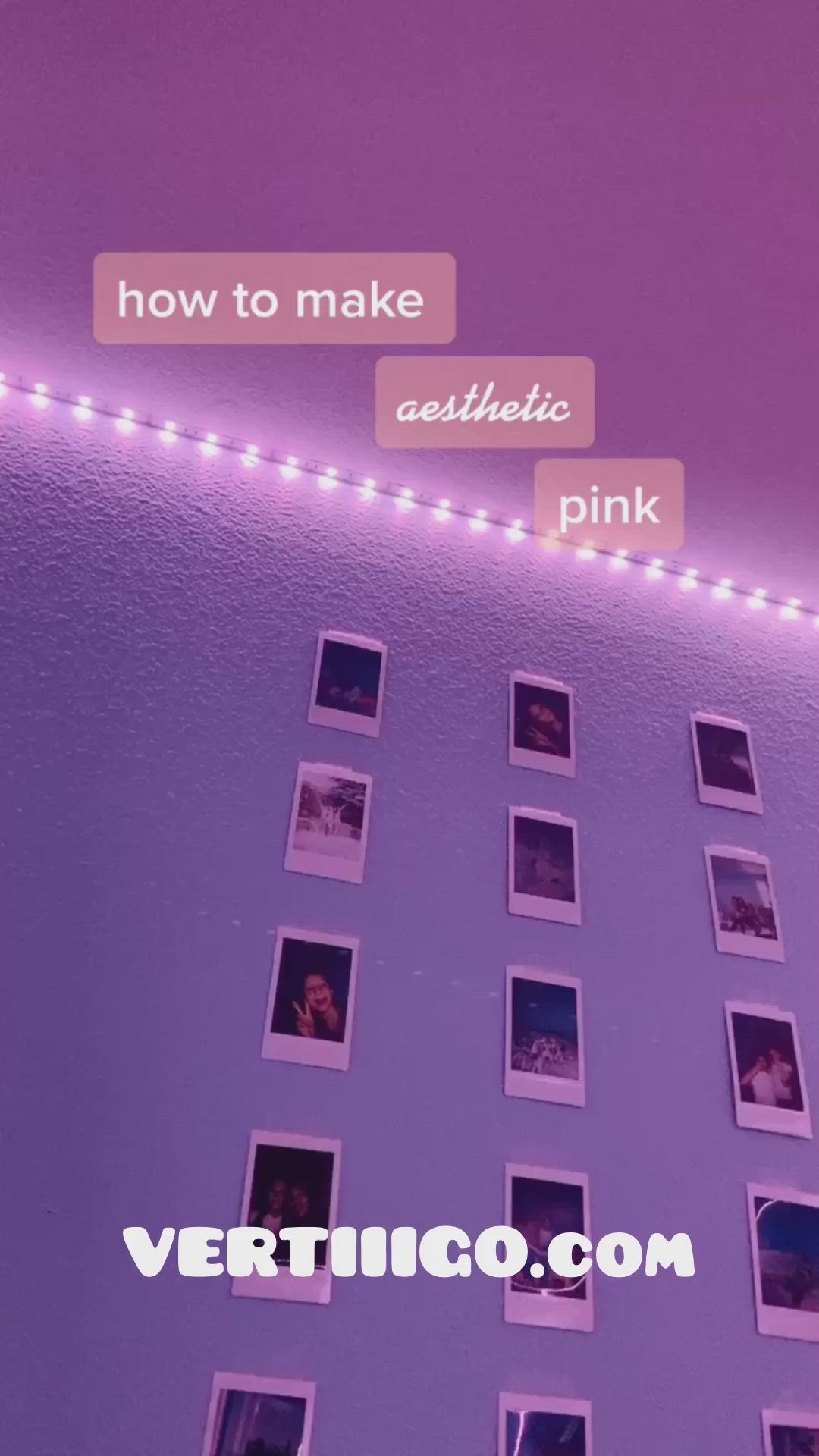 This may contain: there are many pictures on the wall with lights above them and below it is an ad for pink