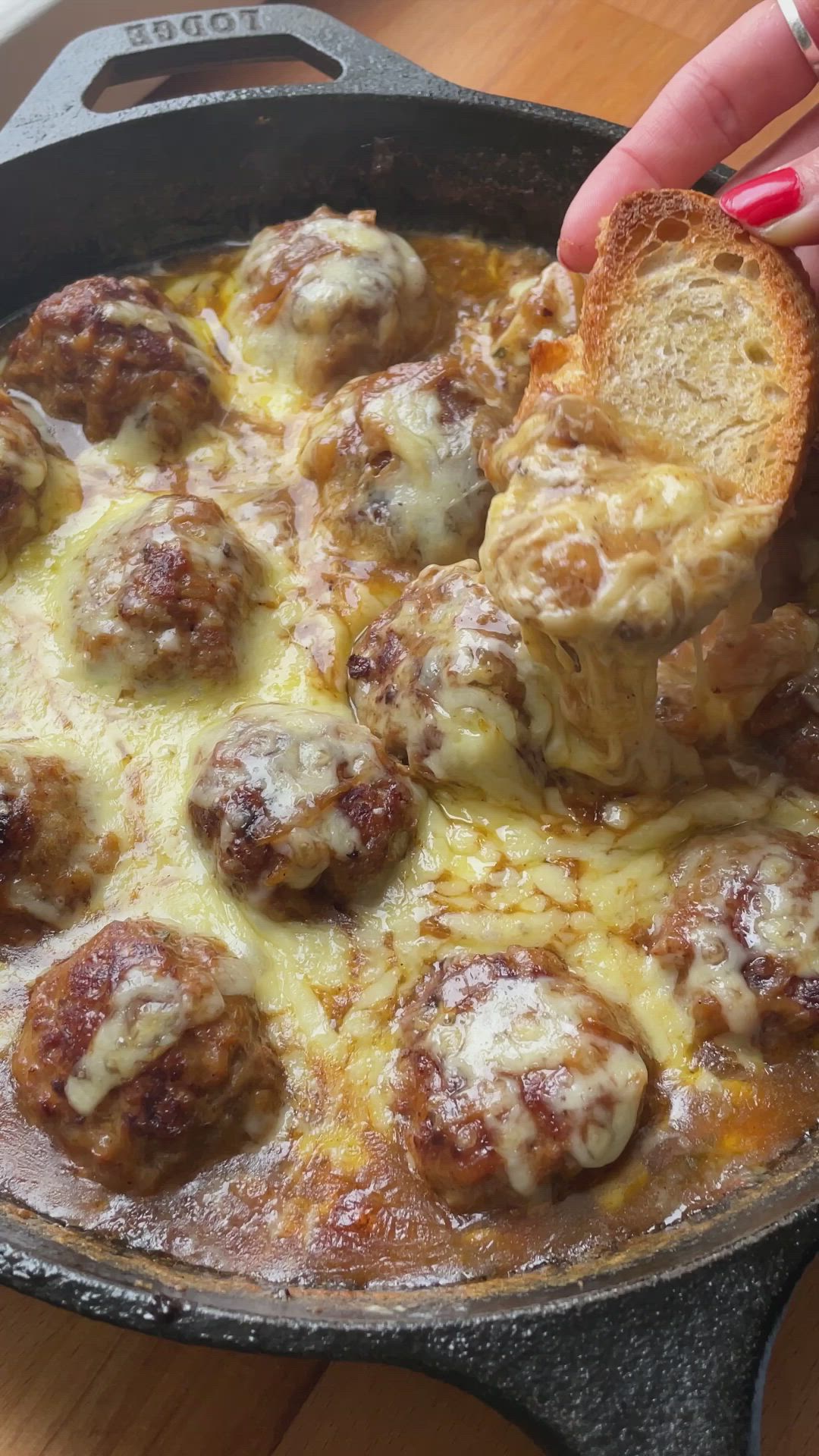 This contains an image of: French Onion Meatballs