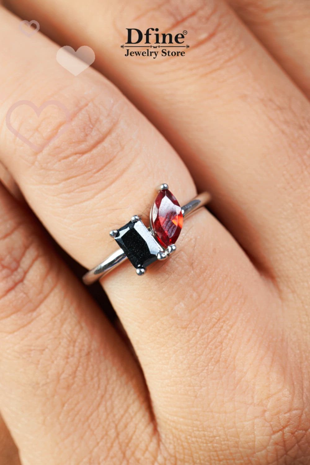 This contains: Engagement Rings for Women, Toi et Moi Ring, You and Me Promise Ring, Gemstone Rings, Birthstone Jewelry, Radiant Cut, Marquise Cut, White Gold, Sterling Silver, Custom Personalized Gift for Her, Celebrity Jewelry, Red and Black Ring, Fashion Statement Women's Jewelry, Handmade