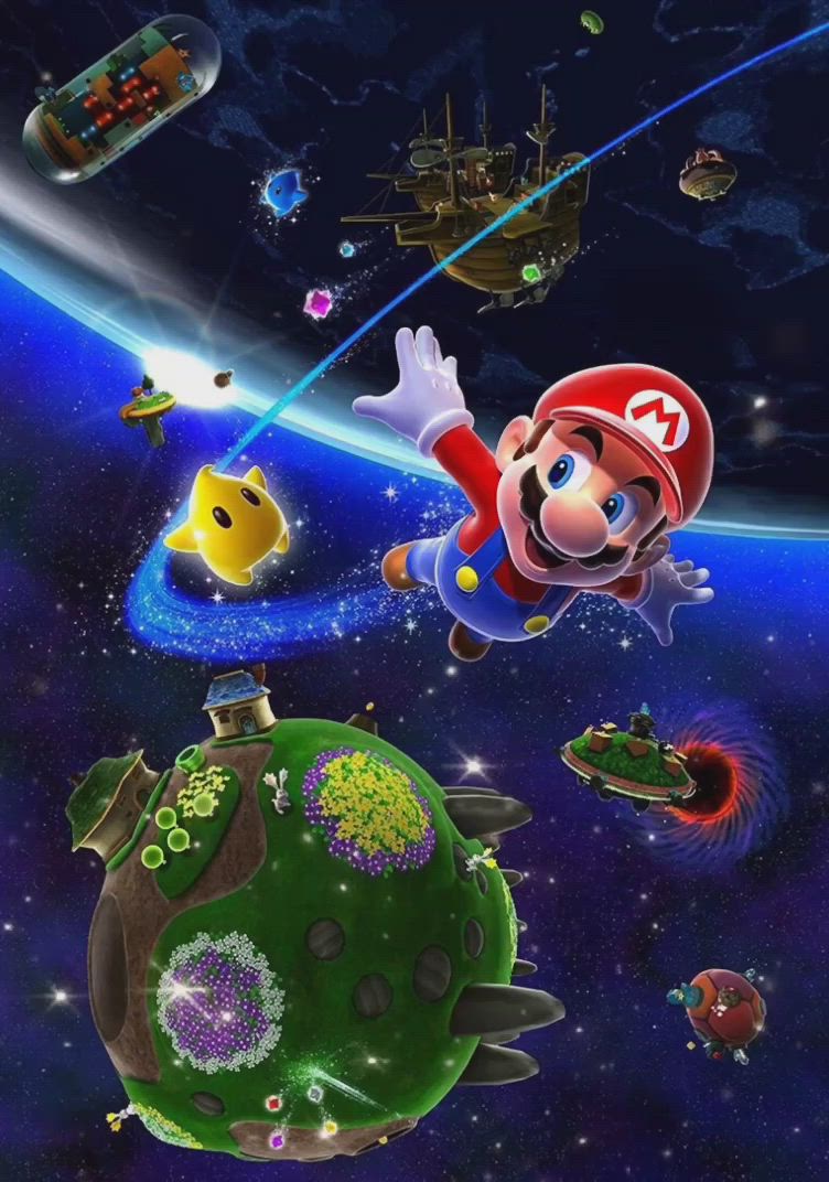 This may contain: mario kart is flying over the earth with other cartoon characters in space behind him