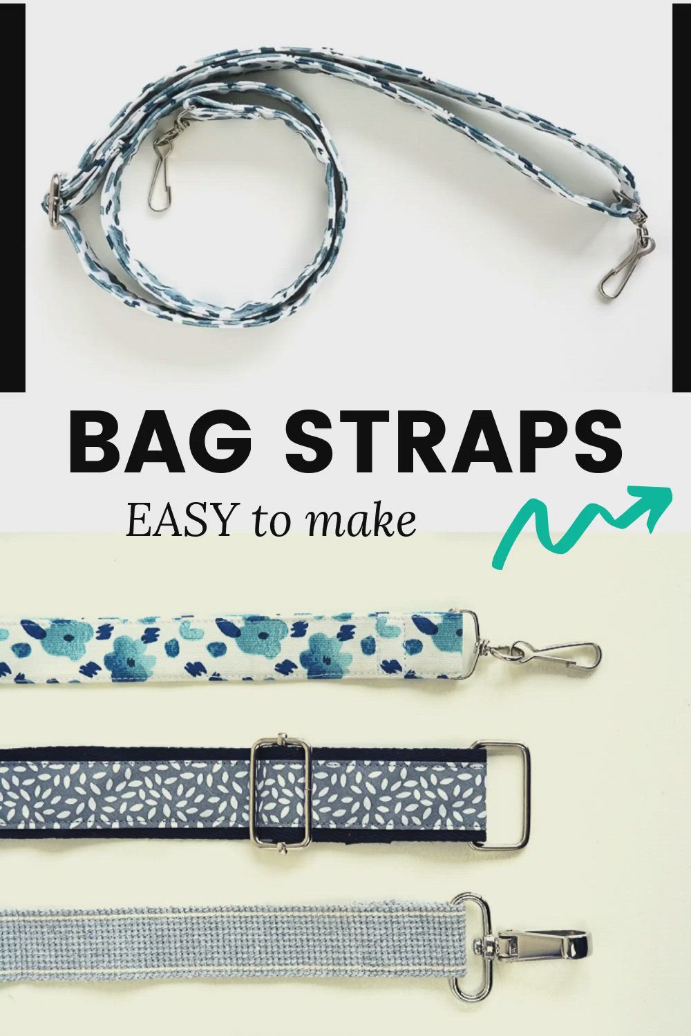 This may contain: the instructions for how to make an easy bag strap with fabric and metal buckles