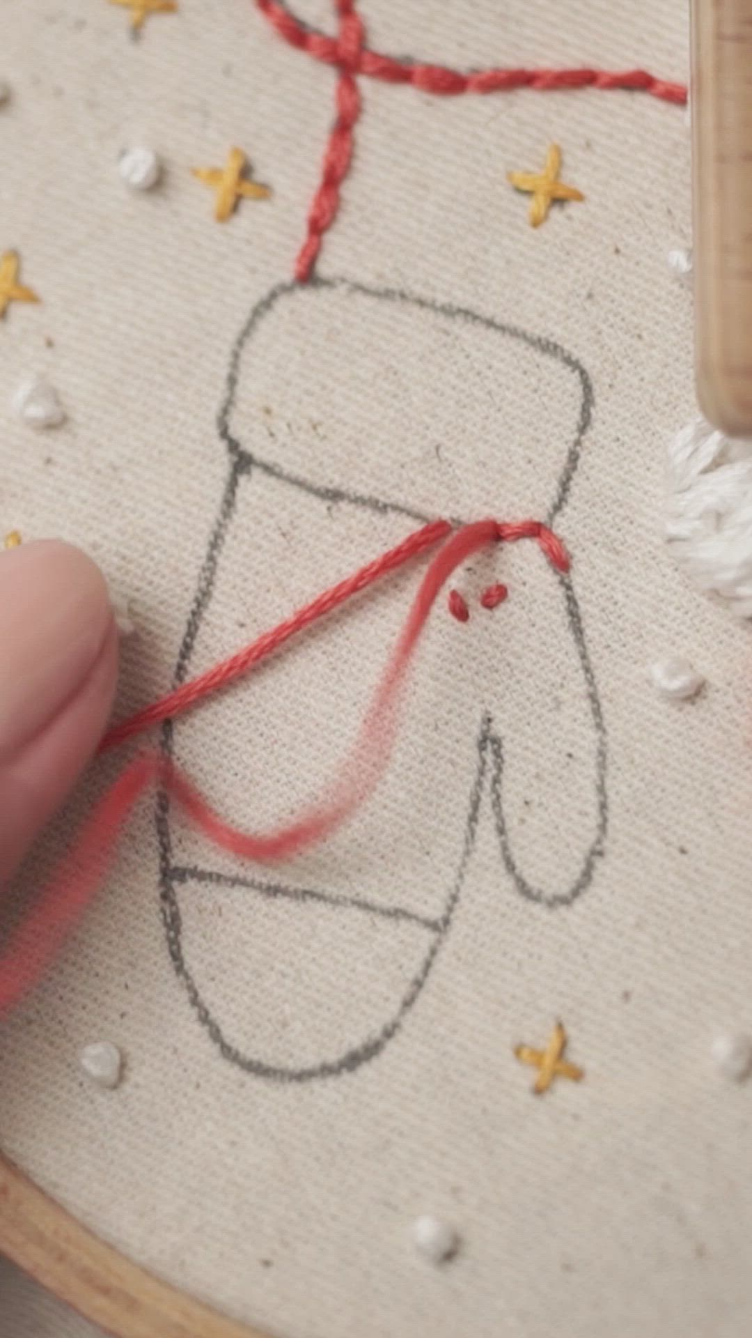 This contains: Hand embroidery video tutorial on how to embroider a knit-textured pair of mittens using the Ceylon Stitch.