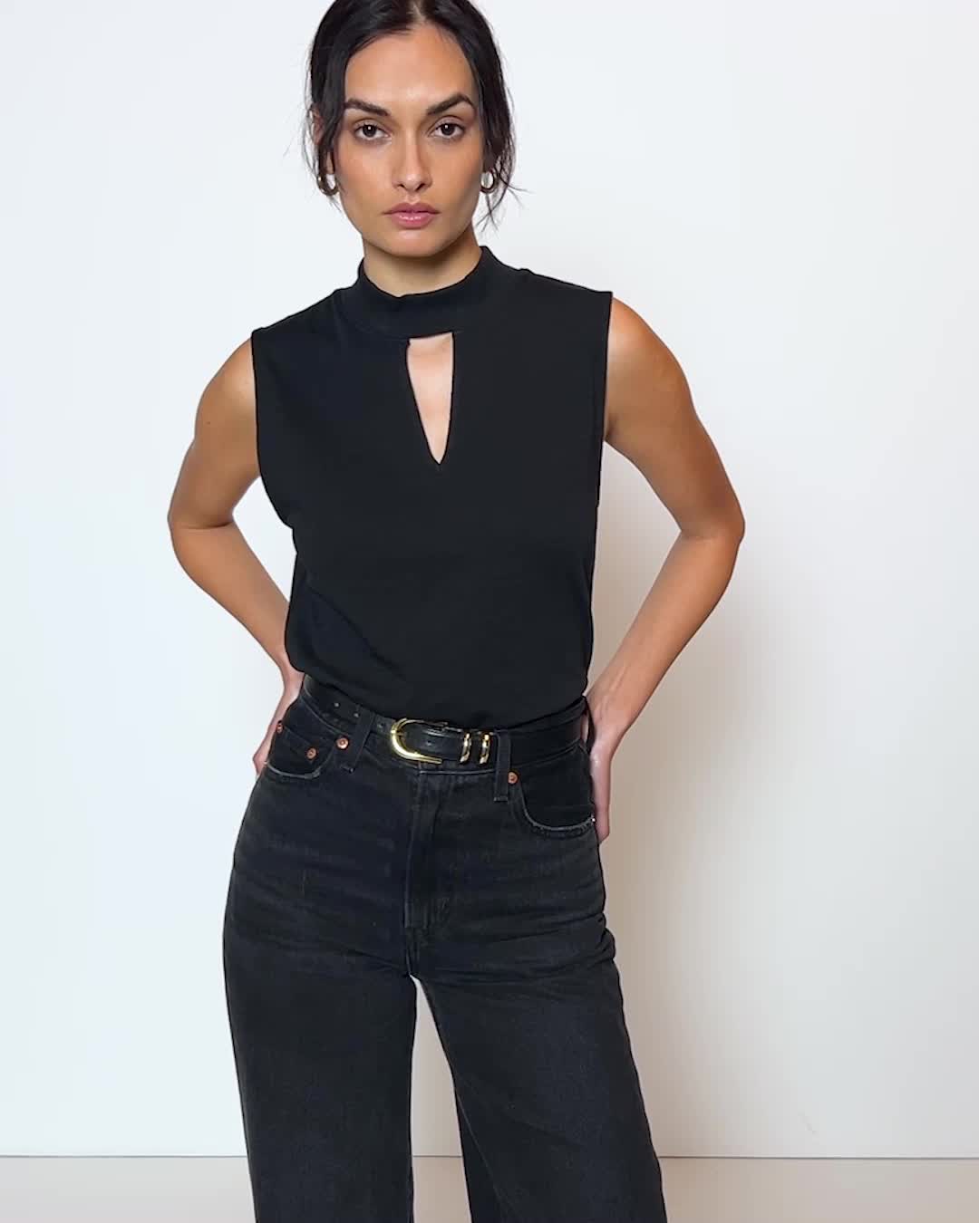 Meet the ultimate day-to-night top. An easy fit, ribbed mock neck tank with a sexy something extra (hint: it's the keyhole). (This one comes in Jet Black.) | Women's Alba Top in Jet Black | Ethical Essentials