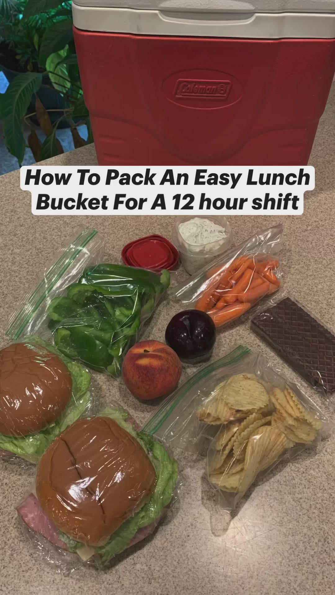 This may contain: the lunch box is full of food and has text overlay that reads how to pack an easy lunch bucket for a 12 hour shift