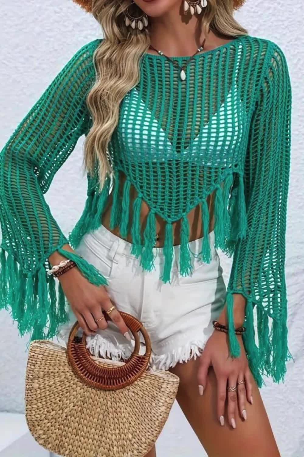 Crochet Cover Up Fringe Hem Top, Casual Beach Wear Long Sleeve Crop Sweater