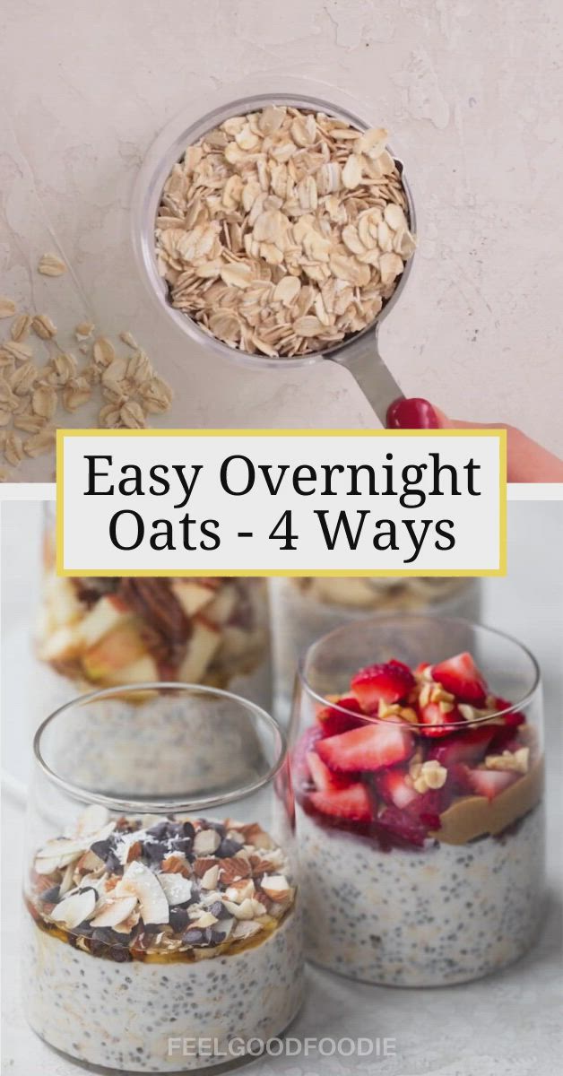 This may contain: oatmeal with strawberries and berries in glass jars on top, next to the words easy overnight oats - 4 ways