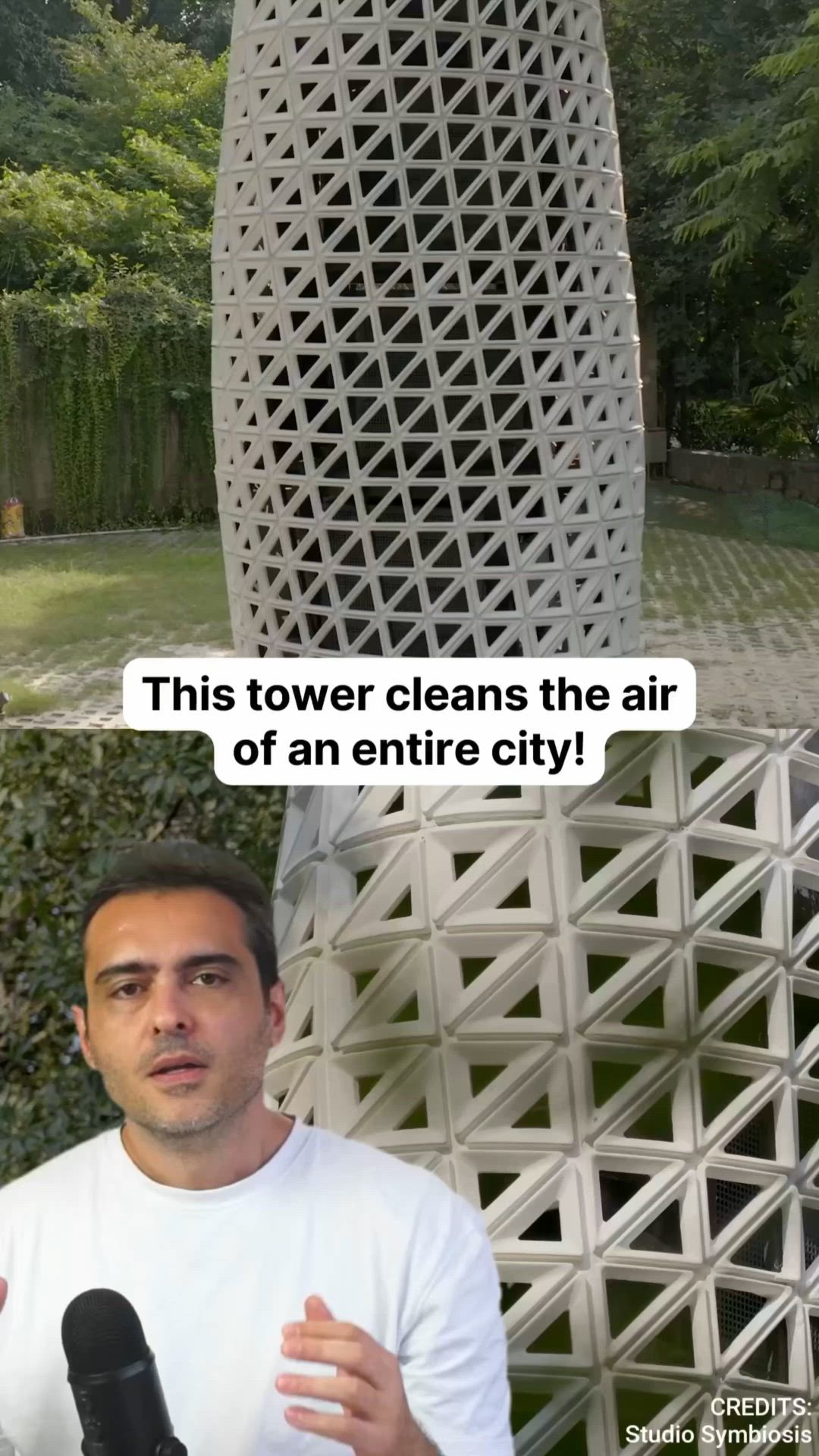 This may contain: a man standing in front of a microphone next to a giant object with the words, this tower cleans the air of an entire city