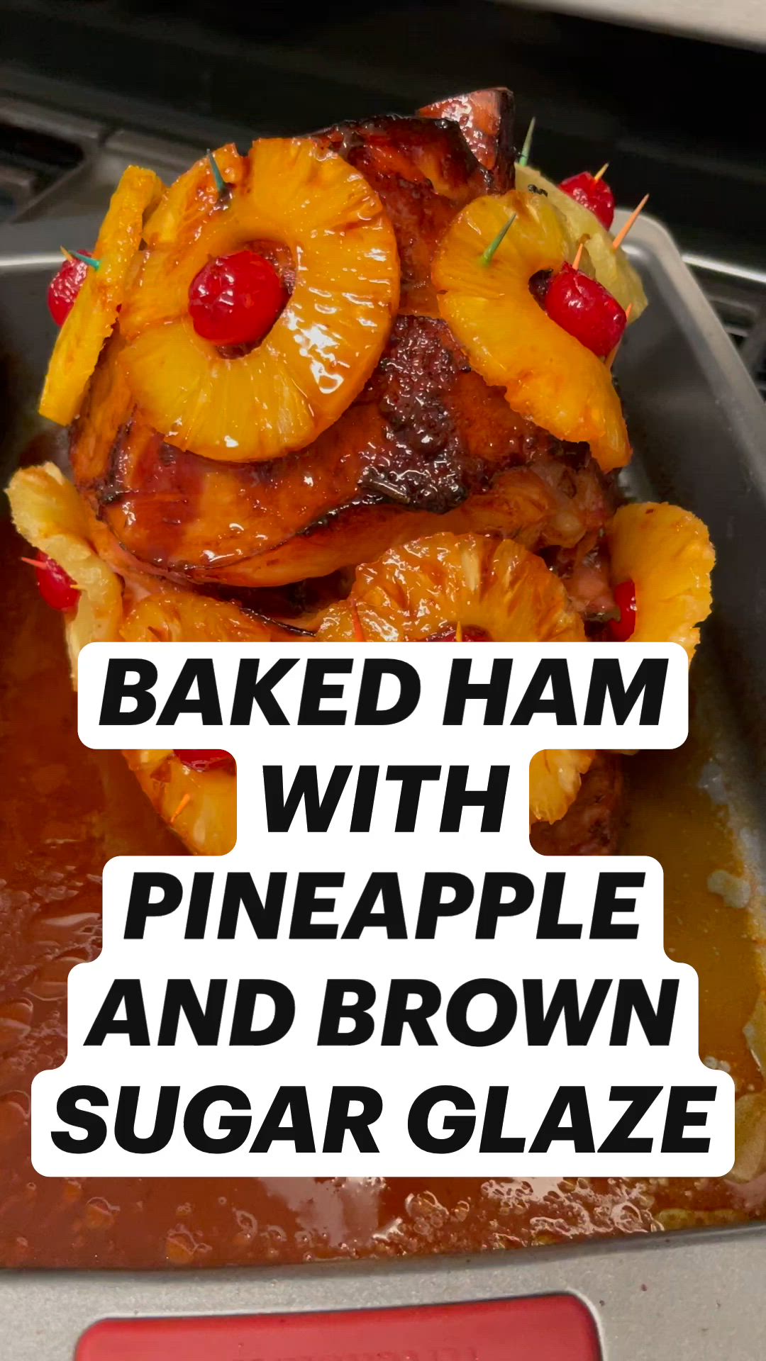 This may contain: baked ham with pineapple and brown sugar glaze in a baking pan on the stove