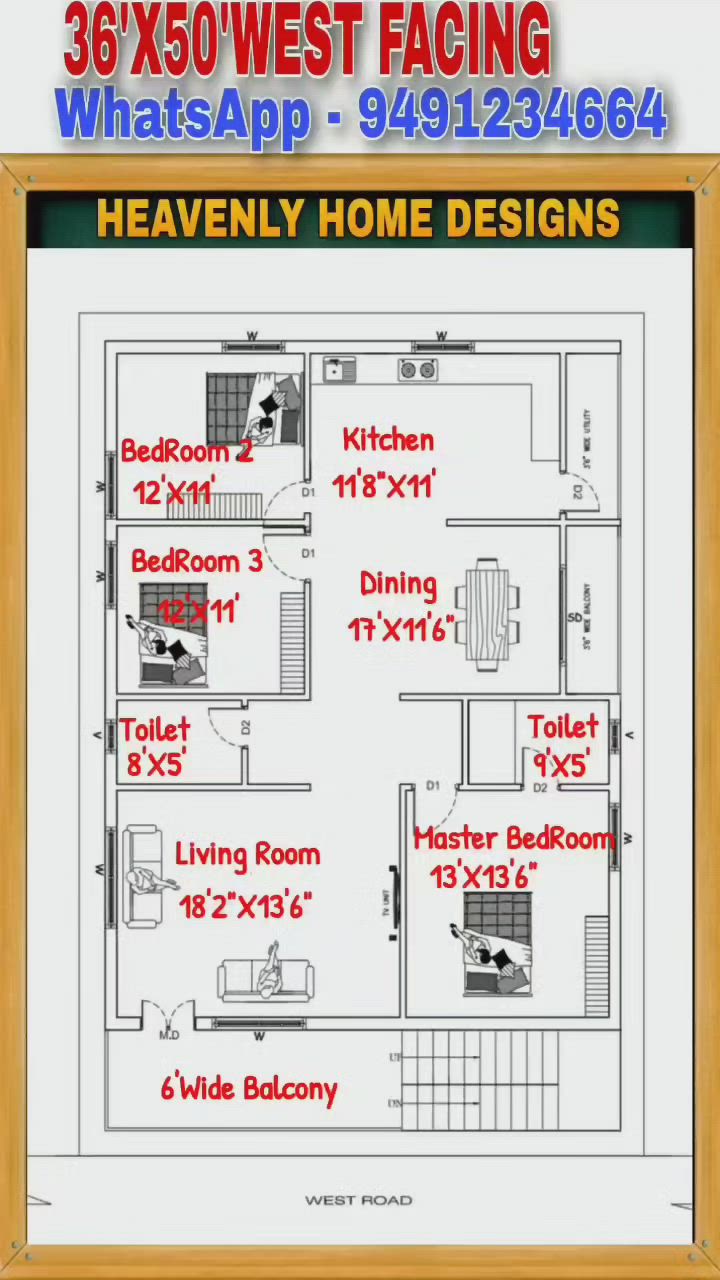 This may contain: the floor plan for a 3 bedroom apartment in west facing whatsapp - 94923