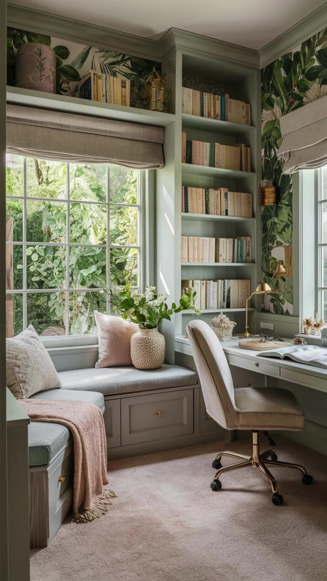 This may contain: a home office with bookshelves, desk and window seat