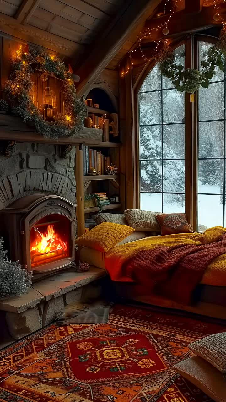 This may contain: a bedroom decorated for christmas with a fire place in the fireplace and rugs on the floor